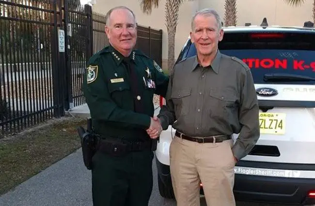 Flagler County Sheriff Rick Staly, an NRA Officer of the Year nominee, patrolled and dined with Oliver North on Monday. (FCSO)