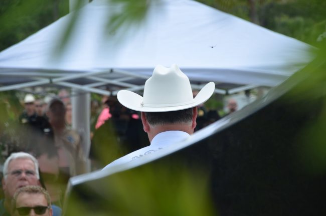 Sheriff Rick Staly sporting his new stetson hat at Monday's centennial celebration of the Sheriff's Office. (© FlaglerLive)