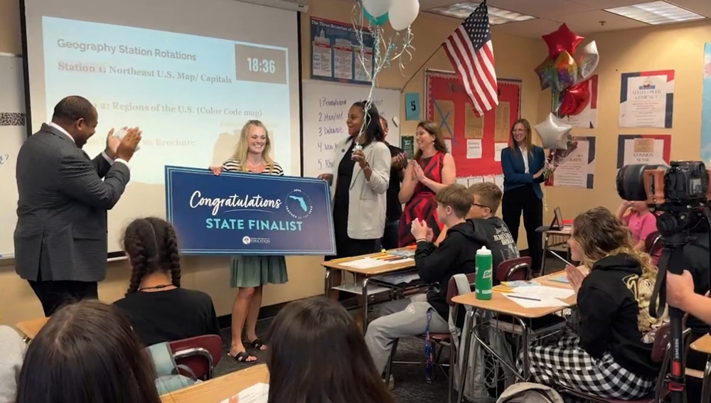 Brandy Nicole Anderson got a surprise from her superintendent and principal. (Flagler Schools)