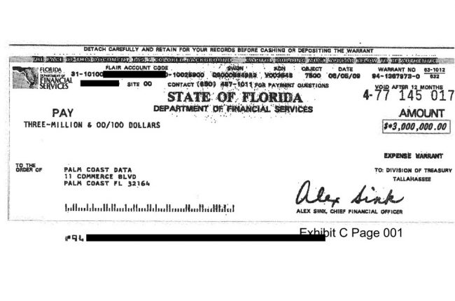 The $3 million check Florida wrote Palm Coast Data. The company is repaying only a portion of the money, and has nine more years to do so. (© FlaglerLive)