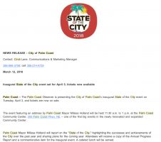 A portion of the release the city administration circulated, promoting ticket and sponsorship sales, and combining the city's logo--which the city considers a trademark, forbidding usage without permission--with the big O trademark of the Observer. Click on the image for larger view. (© FlaglerLive)