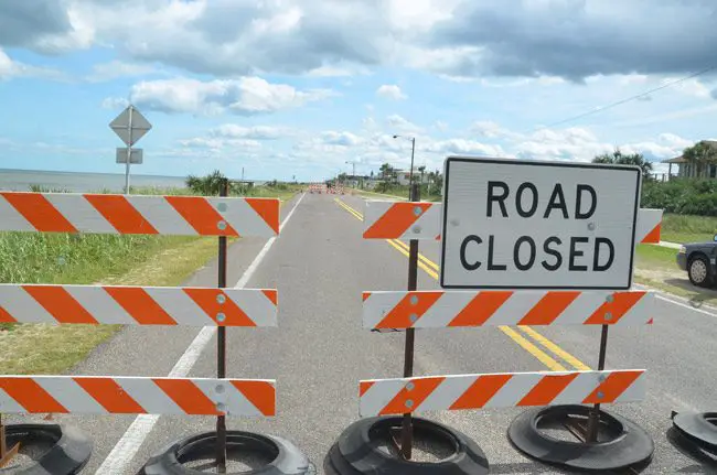 State Road A1A, or Ocean Shore Boulevard, is closed from South 9th Street and South 22nd Street. It will reopen in winter. (© FlaglerLive)