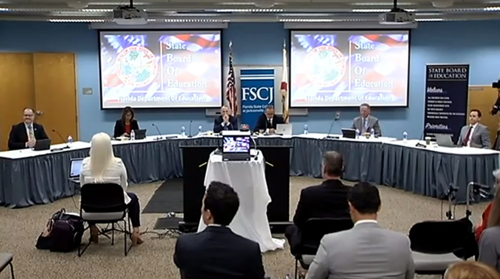 The state School Board meeting at Florida State College at Jacksonville today. (© FlaglerLive via Florida Channel)