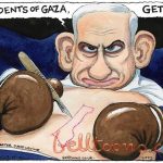 The great Steve Bell, a cartoonist for The Guardian, was fired for this cartoon. The newspaper accused him, falsely we strongly believe, of anti-Semitism. See below for a fuller explanation and context, in the Caglecast in the Notably segment.