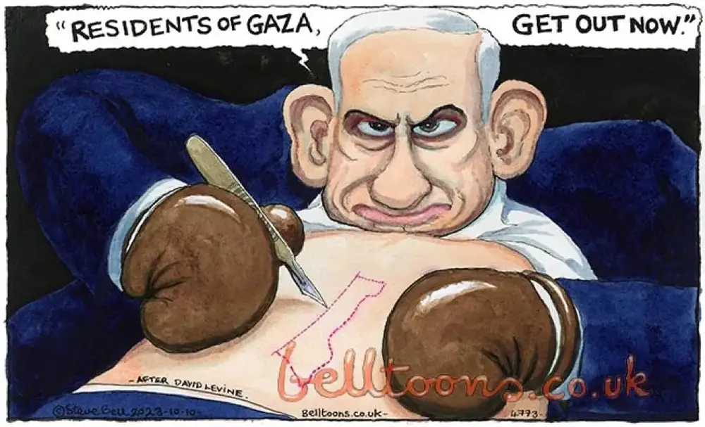 The great Steve Bell, a cartoonist for The Guardian, was fired for this cartoon. The newspaper accused him, falsely we strongly believe, of anti-Semitism. See below for a fuller explanation and context, in the Caglecast in the Notably segment. 