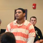 Stephen Monroe, appearing in court today, is one of four defendants in the killings of 16-year-olds Noah Smith and Keymarion Hall in separate drive-by shootings in January and May 2022 in South Bunnell. (© FlaglerLive)