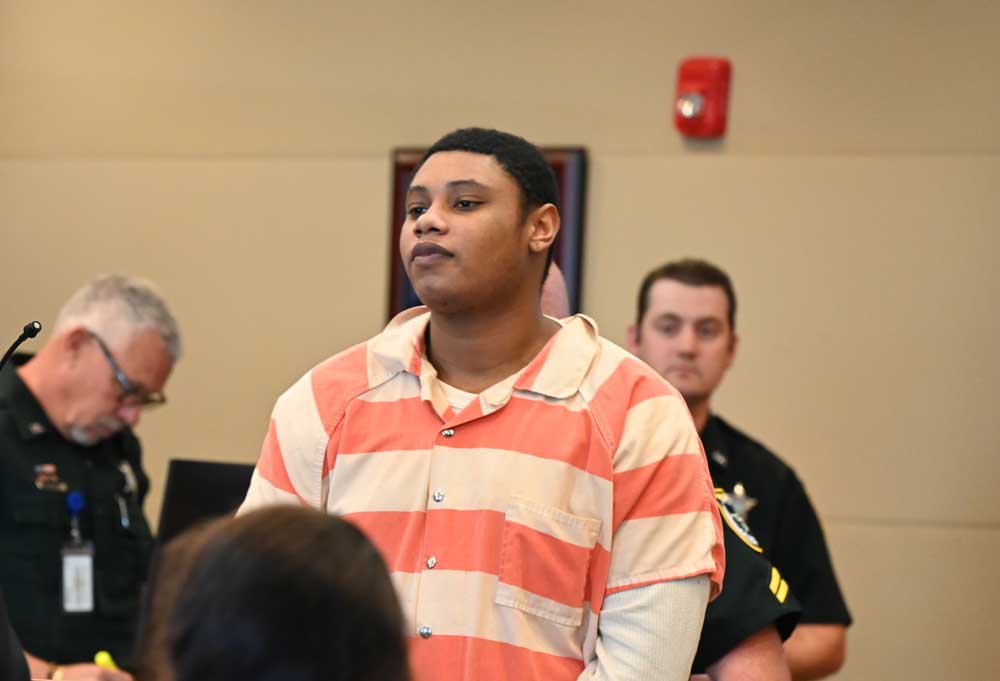Stephen Monroe, appearing in court today, is one of four defendants in the killings of 16-year-olds Noah Smith and Keymarion Hall in separate drive-by shootings in January and May 2022 in South Bunnell. (© FlaglerLive)