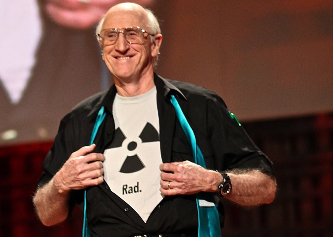 Steward Brand, bearing his chest at the end of a nuclear power debate at a TED event, is among a corps of pro-nuclear environmentalists. (Steve Jurvetson)