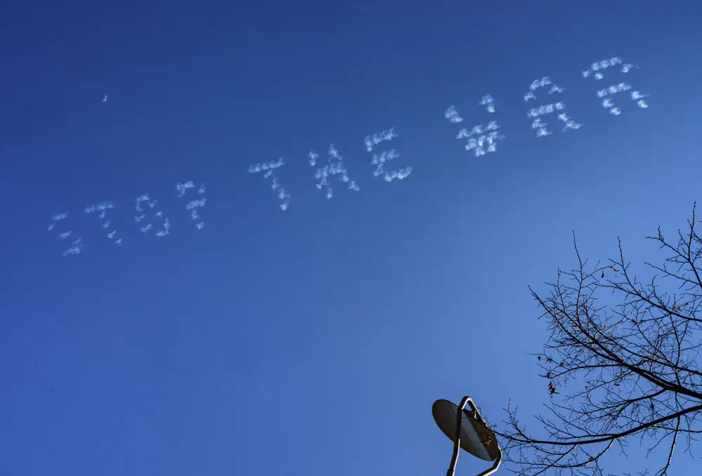 A team of German pilots wrote “Stop the War” in the sky above Mainz, Germany, on March 9, 2022.
