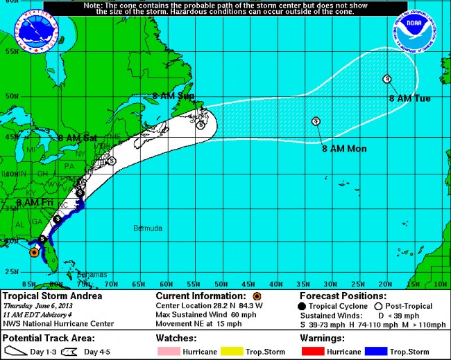 Andrea's projected path as of 11 a.m. Thursday. Click on the image for larger view. 