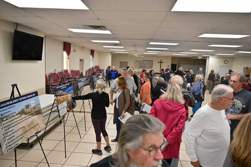 Some 150 people turned out at the Florida Department of Transportation's "listening session" in Flagler Beach Tuesday evening, regarding options to more permanently strengthen State Road A1A against storms, sea rise and erosion. (© FlaglerLive)