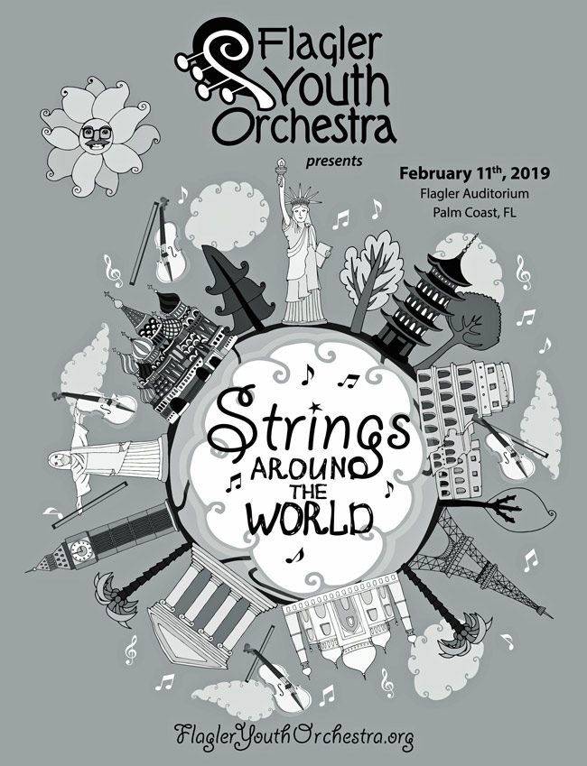 The entire Flagler Youth Orchestra's ensembles--five orchestras in all--perform at the Flagler Auditorium at 7 p.m. for the annual Strings Around the World concert. The orchestras showcase accomplishments ranging from first-year students to the advanced skills of the Harmony Chamber Orchestra. See below for details. The cover of tonight's program, above, was designed by Linda Klayman, who has designed nearly every one of the 38 Auditorium concert-program covers over the past decade and a half.