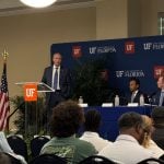 UF Presidential finalist Stuart Bell answers pre-screened questions during a forum on campus on June 3, 2026. (Photo by Jay Waagmeester/Florida Phoenix)