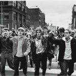 Leaders of the radical American student group the Weathermen march in Chicago in October 1969.