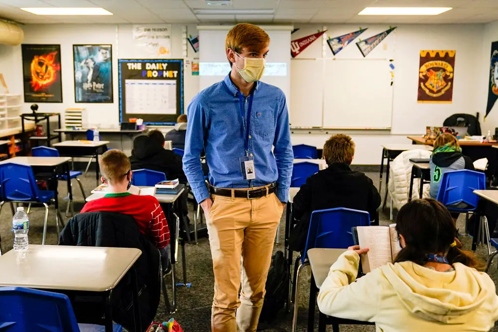 Substitute teachers, like this one in Indiana in 2020, are in short supply during the pandemic. 