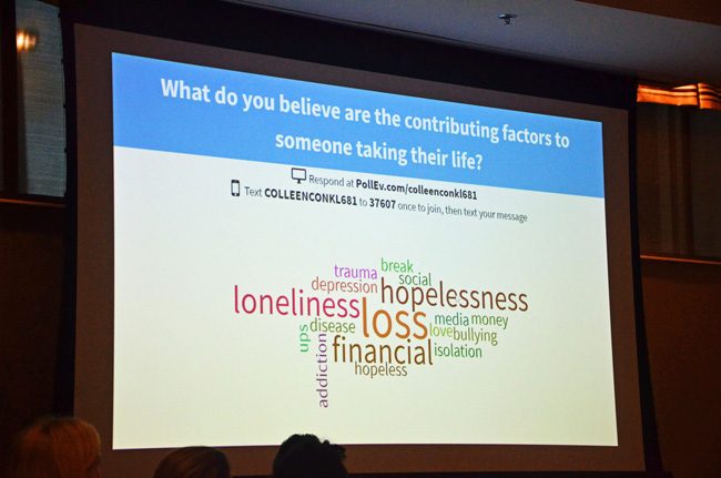 A slide aggregating responses to a question about the cause of suicide from some 150 audience members at last May's town hall on suicide in Palm Coast. (© FlaglerLive)