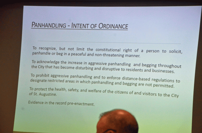 A slide during Cary's presentation summarizing the intent of the St. Augustine anti-panhandling ordinance. (© FlaglerLive)