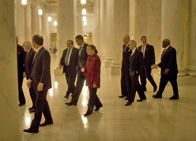 Barack Obama with eight of the nine Supreme Court justices in 2009, just before his inauguration. Justices Souter and Stevens have since been replaced by Justices Sotomayor and Kagan, but the ideological make up of the court hasn't changed since it last reviewed a lethal injection case seven years ago. (White House)