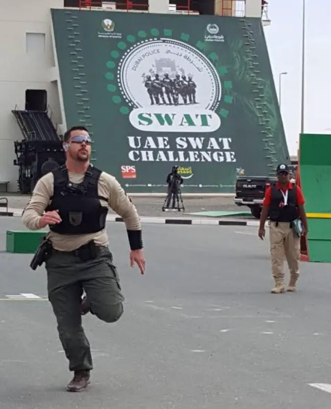 Flagler County Sheriff's deputy Brandon Fiveash during competition at the UAE SWAT Challenge this week in Dubai. (FCSO)