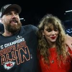 Travis Kelce celebrates with Taylor Swift on Jan. 28, 2024, after the Kansas City Chiefs defeated the Baltimore Ravens in the AFC championship game.