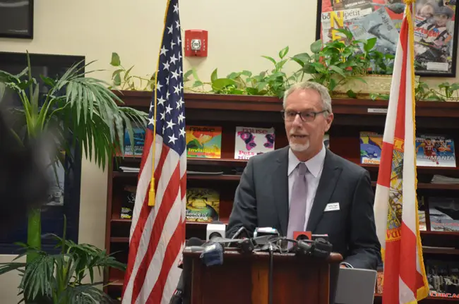 Superintendent JiM Tager at today's news conference at Buddy Taylor Middle School. He recurringly returned the focus on students. (© FlaglerLive)