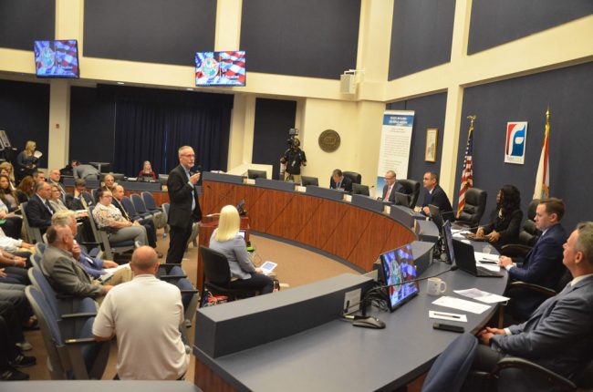 Superintendent Jim Tager addressing members of the state Board of Education Friday in Bunnell. (© FlaglerLive)