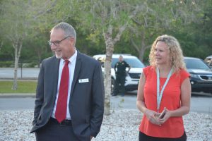 Superintendent Jim Tager and FCEA President Katie Hansen spoke side by side. (© FlaglerLive)
