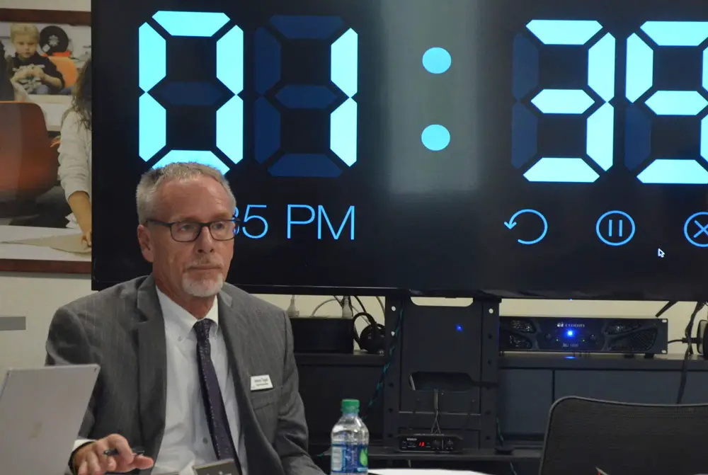 As the clock winds down on Jim Tager's tenure as superintendent, the school board solidified its own timeline for finding a replacement by March 10, though Tager would remain on the job until June. (© FlaglerLive) 