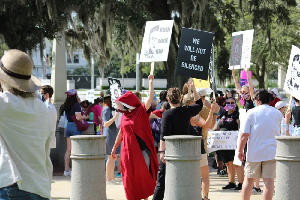 Reproductive rights advocates gather in front of Florida’s historic Old Capitol building to protest a Texas-style abortion ban that was filed last month in Florida. Oct. 2, 2021. Credit: Danielle J. Brown