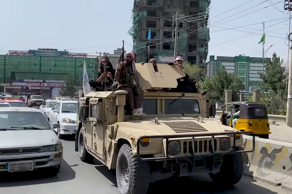 Taliban soldiers patrolling Kabul in 2021. (Wikimedia Commons)