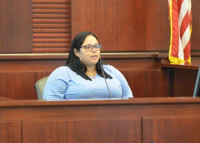 Teisha Silva Rosado, speaking about her mother today from the witness box. (© FlaglerLive)