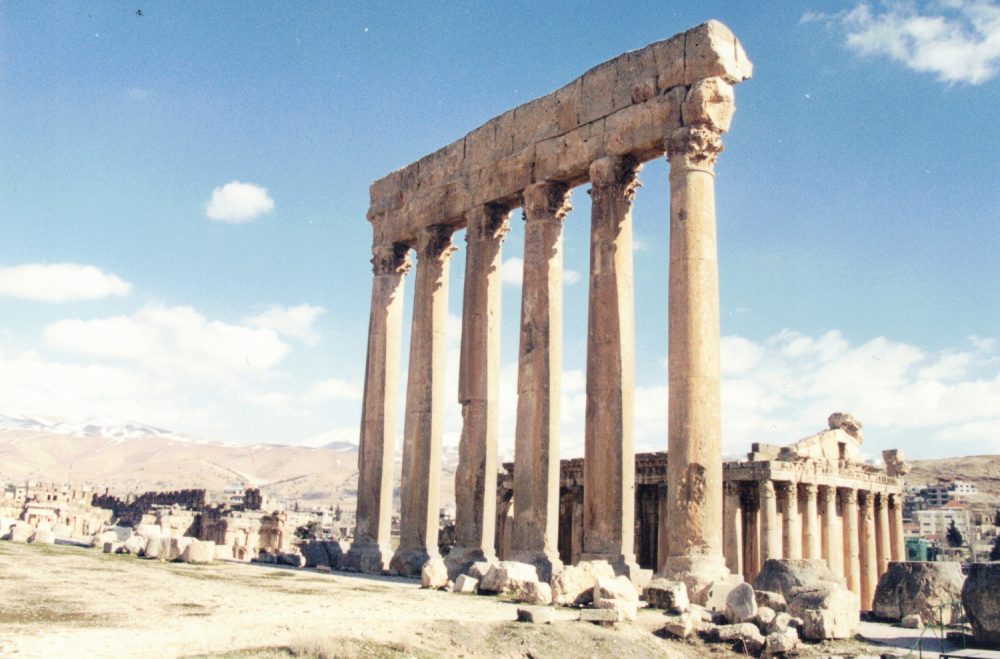 The last six columns of the Temple of Jupiter in Baalbek in the foreground, and the Temple to Bacchus in the background. (© FlaglerLive)