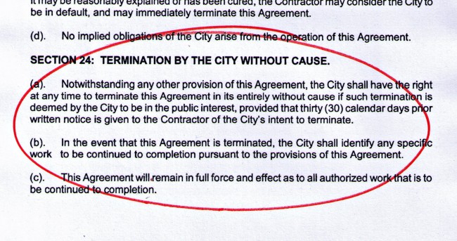 The termination clause that was in Palm Coast's contract with ATS until 2012, when then clause was inexplicably removed. Click on the image for larger view.