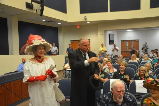 Diane Jacoby and John Stavely as Lily and Henry Flagler. Their performances were part of Saturday's centennial celebration at the Government Services Building in Bunnell. (© FlaglerLive)
