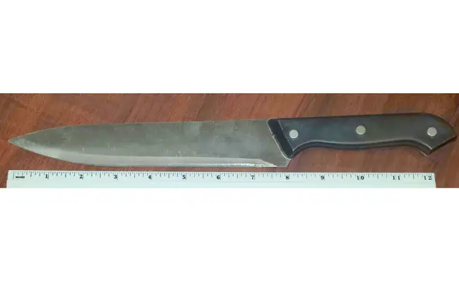 A 12-year-old Rymfire Elementary student is accused of wielding the knife above at a 10-year-old student at a bus stop. The knife is in  evidence at the Flagler County Sheriff's Office. (FCSO)