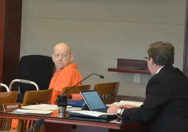 Thomas Binkley shortly before sentence was imposed. His attorney, Bill Bookhammer, is to the right. (© FlaglerLive)