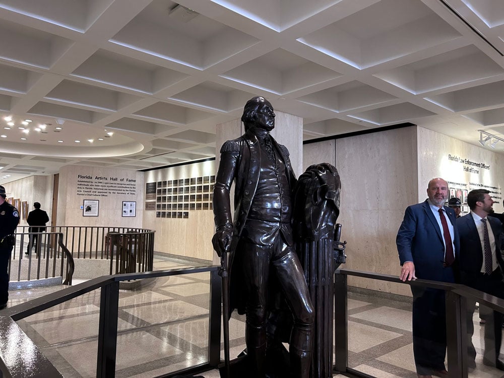 Statue of George Washington unveiled at the Florida Capitol on Feb. 20, 2025. (Photo by Jackie Llanos/Florida Phoenix)