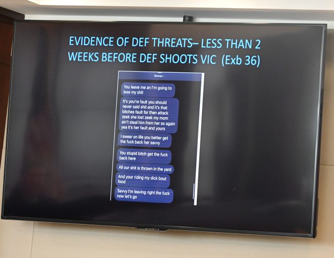 A text Brenan Hill sent Savannah Gonzalez, shown the jury on large screens in the courtroom. Click on the image for larger view. (© FlaglerLive)