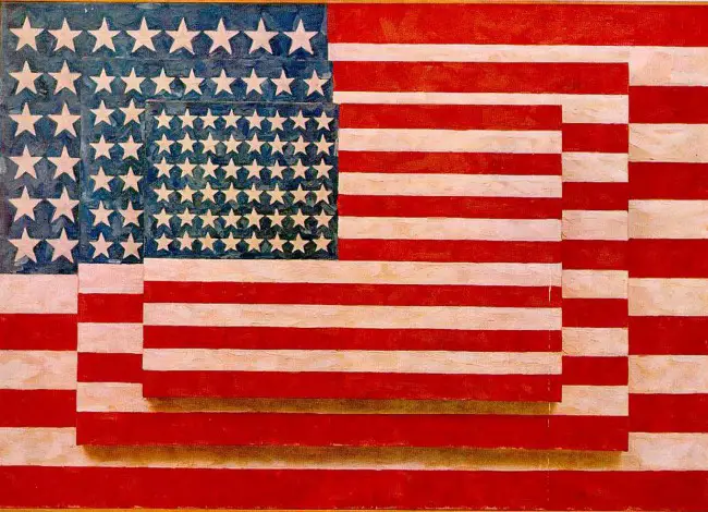'Three Flags,' by Jasper Johns (1958). It's not known whether Johns used imported oils. Click on the image for larger view.