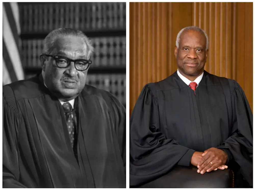 Thurgood Marshall, left, had a very different view of the purpose of the Supreme Court than his successor, Clarence Thomas. U.S. Supreme Court via Wikimedia Commons