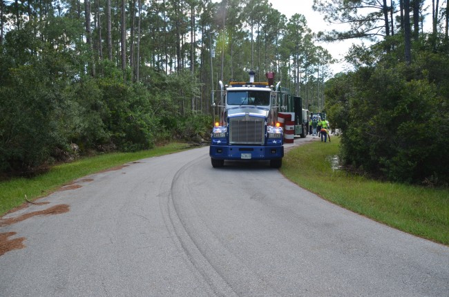 The tire marks as the truck took the curve indicate a degree of speed, a state trooper at the scene said. Click on the image for larger view. (© FlaglerLive)