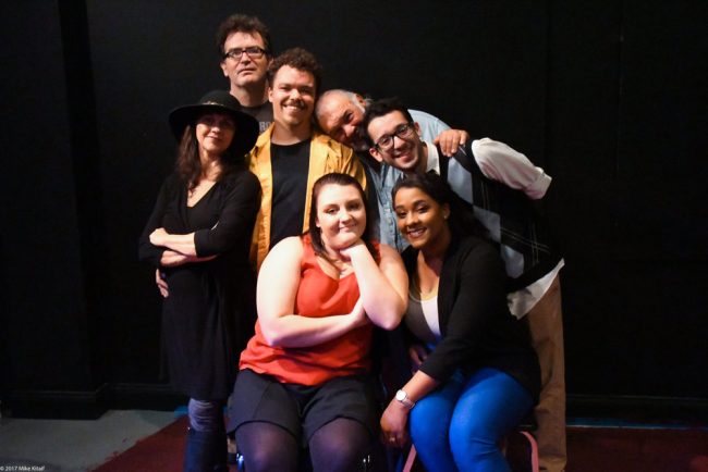 The [Title of Show] production:  left to right, Paul van de Graff, Beau Wade, John Sbordone, Frank Anello bottom. Leigh Ann Singleton, Caitlin Eriser, Phillipa Rose. (Mike Kitaif)