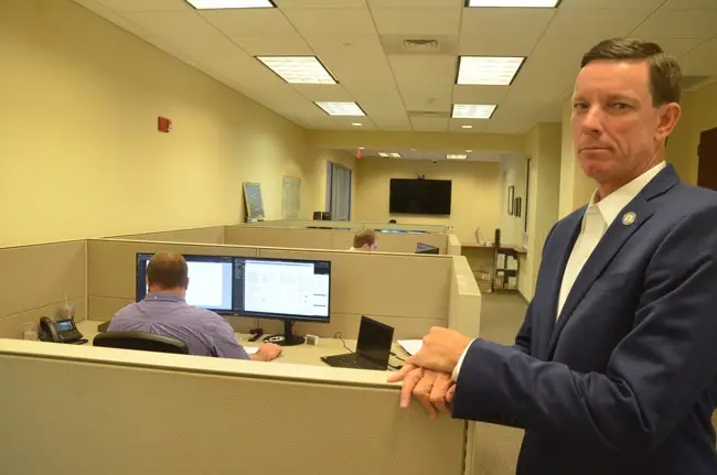 Flagler County Clerk of Court Tom Bexley in the IT department at the courthouse last week. (© FlaglerLive)