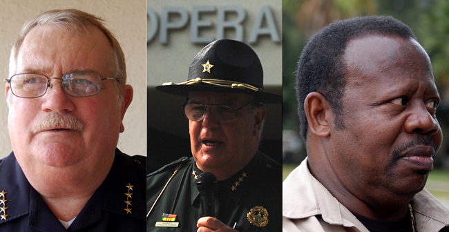 Flagler County's top cops. From left: Flagler Beach Police Chief Dan Cody, Flagler County Sheriff Don Fleming, Bunnell Police Chief Arthur Jones. (© FlaglerLive)