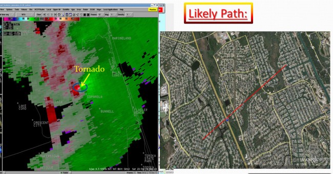 The National Weather Service Sunday morning confirmed that it was an EF1 Tornado that struck Palm Coast. The NWS released the satellite image above, and the likely path of the tornado. Click on the image for larger view. 