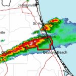 The view from the National Weather Service radar as the tornado warnings were issued, with areas under warning outlined in red, around 2:50 a.m. today. (© FlaglerLive via NWS)