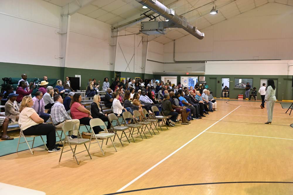 Superintendent LaShakia Moore addressing the Carver Center audience Wednesday evening. (© FlaglerLive)