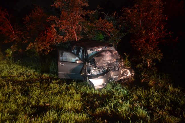 The Toyota Corolla after the head-on collision on Old Kings Road. Click on the image for larger view. (© FlaglerLive)