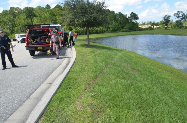 The track of the Ford Escape's right tires. At that point, the SUV was still submerged in the pond, but was barely visible. Click on the image for larger view. (© FlaglerLive)