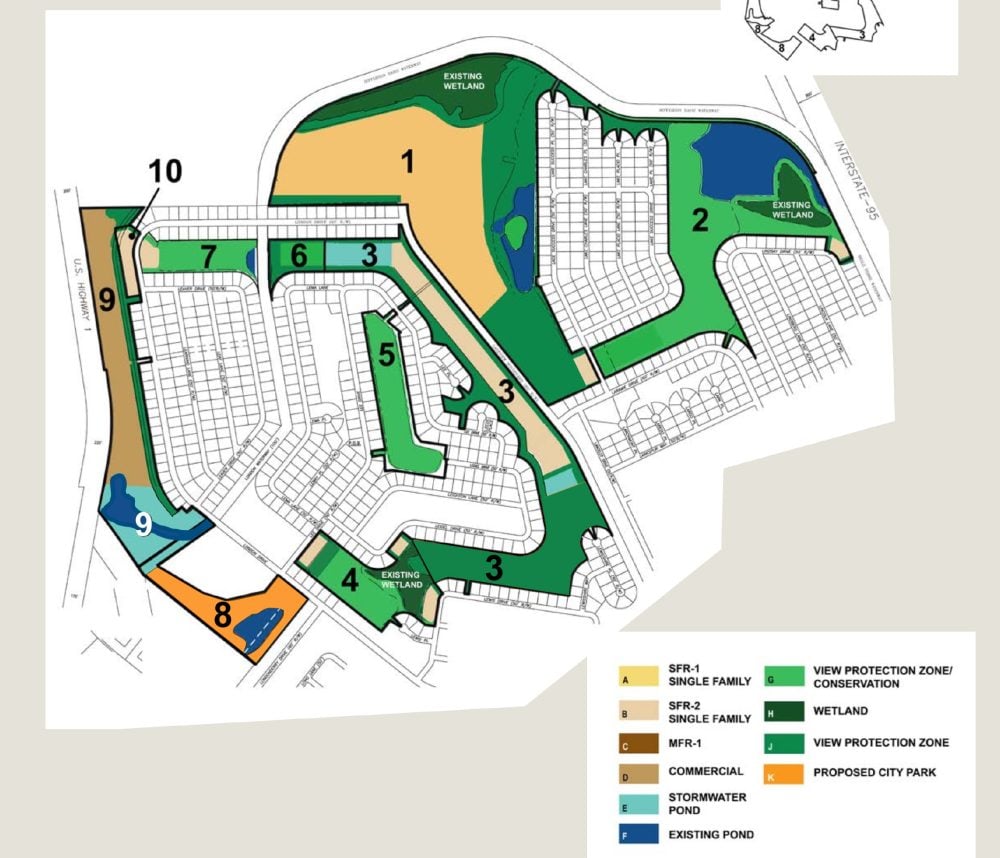 A map of the different tracts of the Lakeview Estate development on what used to be the Matanzas golf course, as presented to the Planning Board in 2020. Tract 3 was then and is again the most contested, as the developer again seeks to build homes there, switching them from Tract 8, where he is entitled to build 51 apartments.